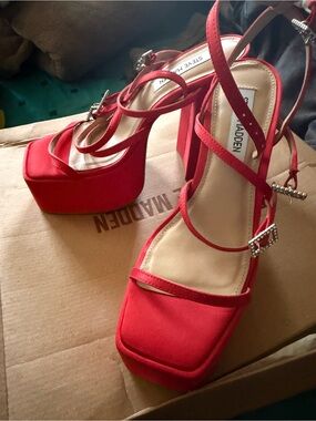 Steve Madden Red Platform Strappy Heels with Rhinestone Buckles